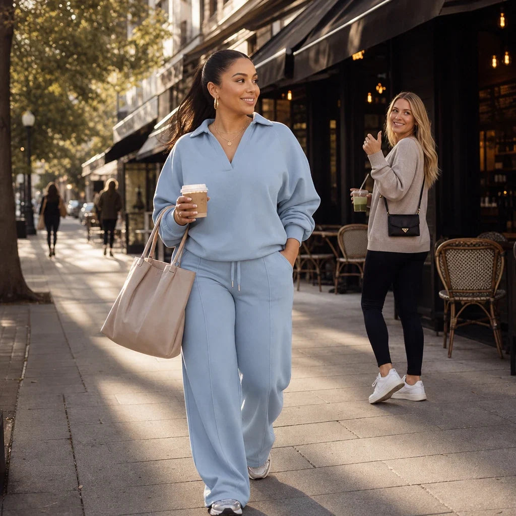 Velaire – Collared V-Neck Top And Straight-Leg Pants Set