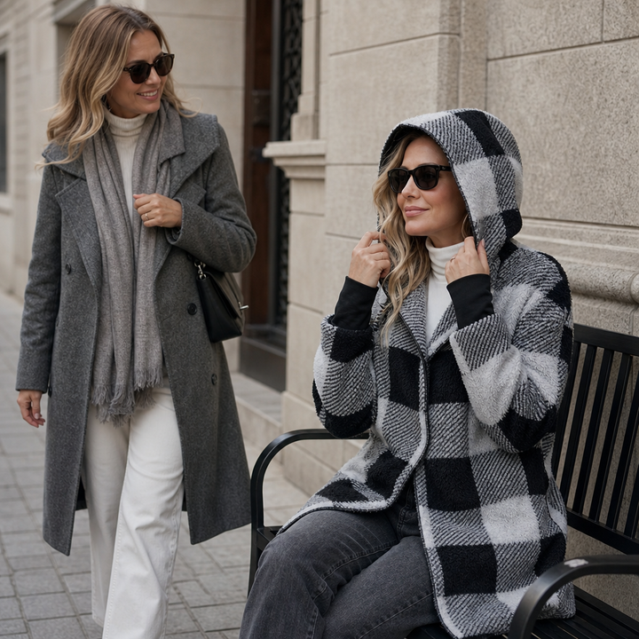 Plaidelle – Oversized Plaid Hooded Fleece-Look Cardigan