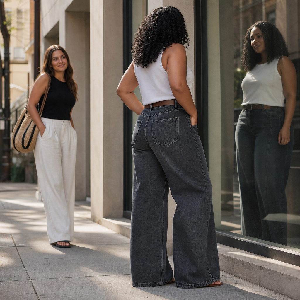 Longline Denim – High-Waisted Wide-Leg Seam Jeans