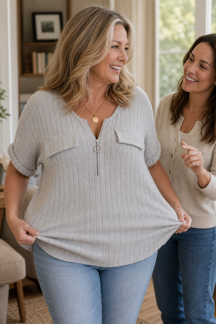 Veloura – Ribbed Adjustable Zip-Neck Knit Top