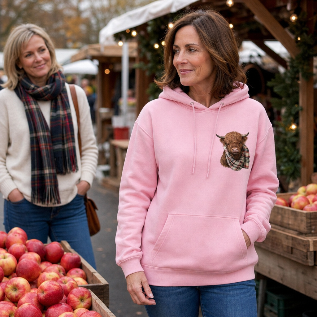 Heatherloch – Highland Cow Print Fleece-Lined Hoodie