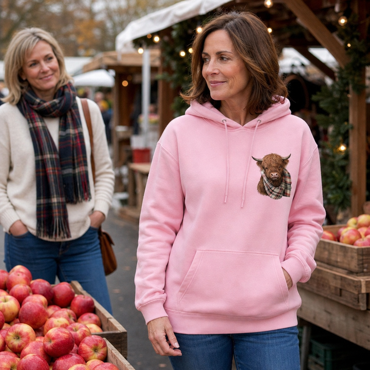 Heatherloch – Highland Cow Print Fleece-Lined Hoodie