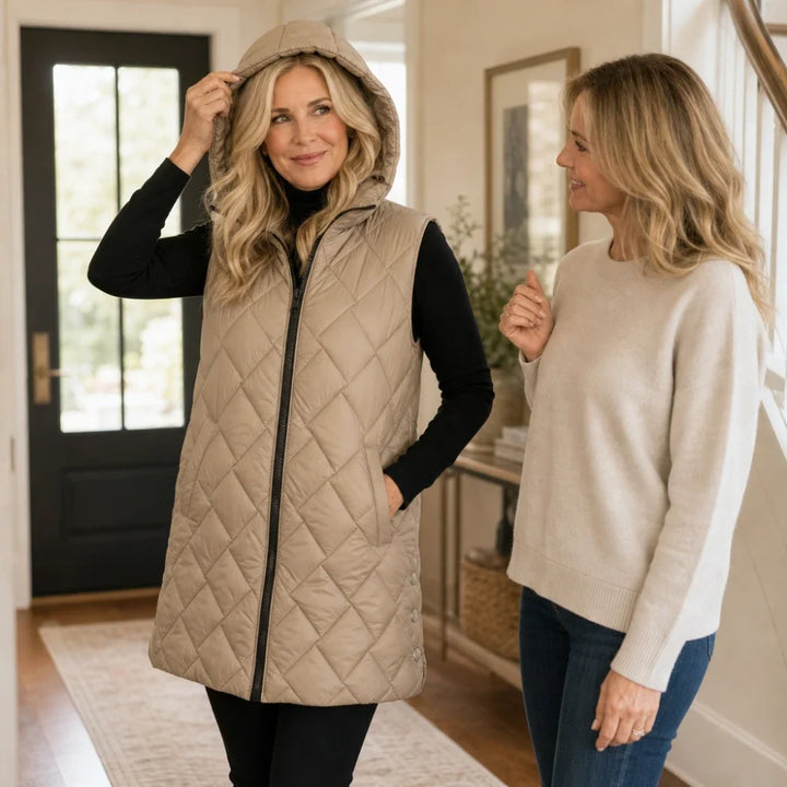 Quilted Muse – Quilted Hooded Mid-Length Vest
