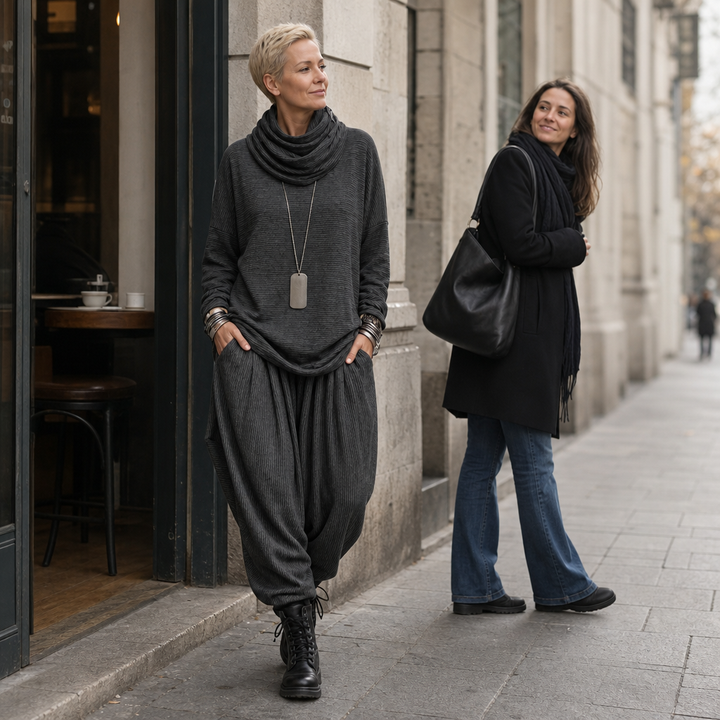 Pinstripe Poise – Draped High-Neck Top And Lantern Pants Set