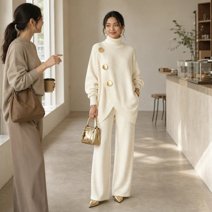 Mackenzie – Gold-Button Asymmetric Knit Two-Piece Set