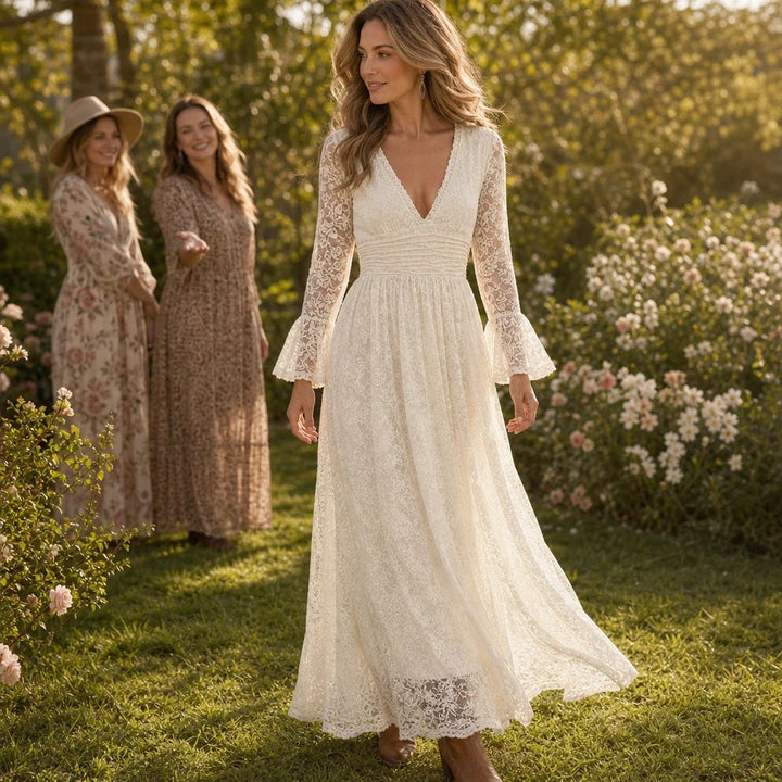 Florenza – Scalloped V-Neck Ruched Waist Lace Maxi Dress