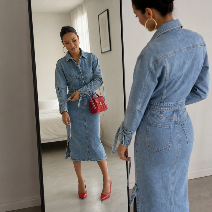 Wearbella – Half-Zip Collared Tie-Cuff Midi Dress
