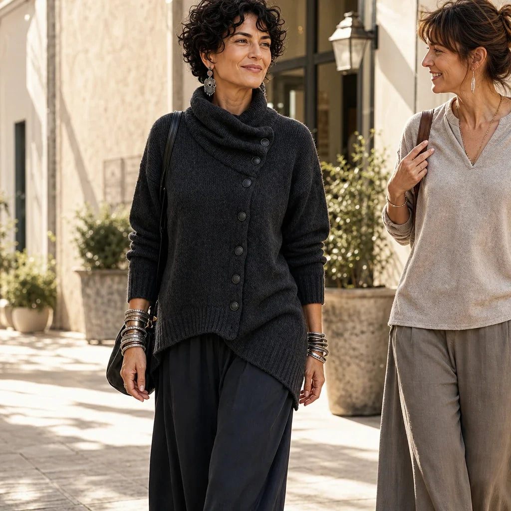 Velora – Asymmetric Draped High-Collar Knit Pullover
