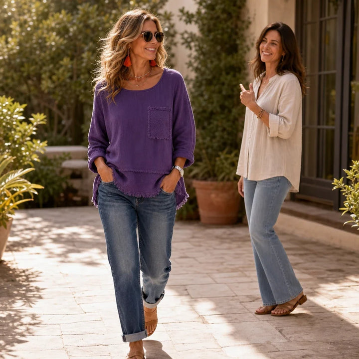 Marlowe – Crinkle-Textured Frayed-Trim Tunic Top