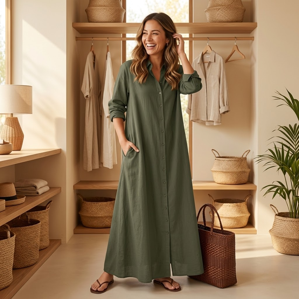 Marivelle™ – Effortless Maxi Shirt Dress with Pockets