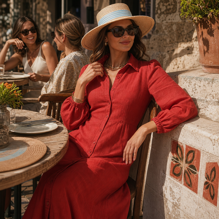 Lumaire – Button-Front Lantern-Sleeve Maxi Dress