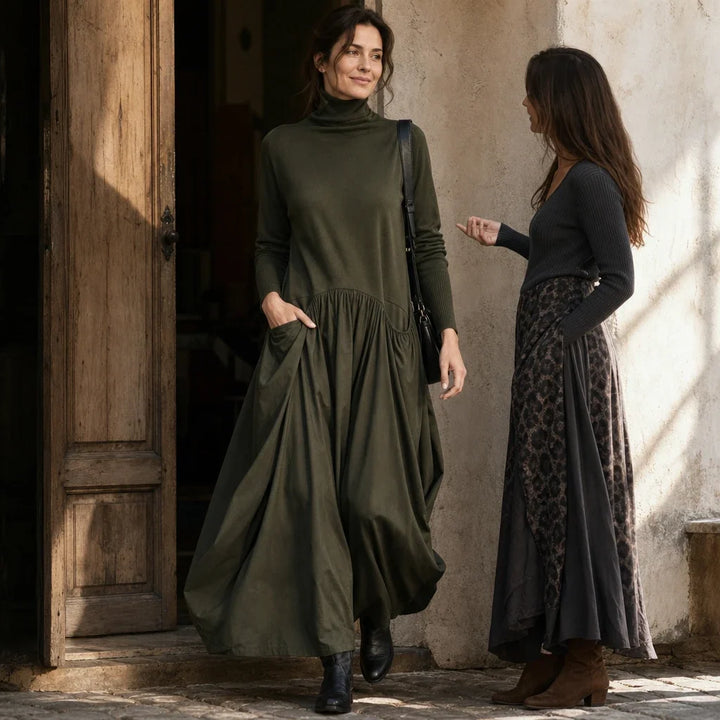 Clara – High Collar Gathered Skirt Maxi Dress