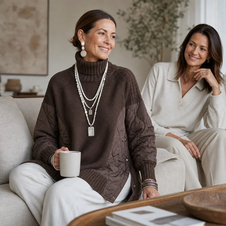 Quilted Haven – Quilted Panel Turtleneck Pullover