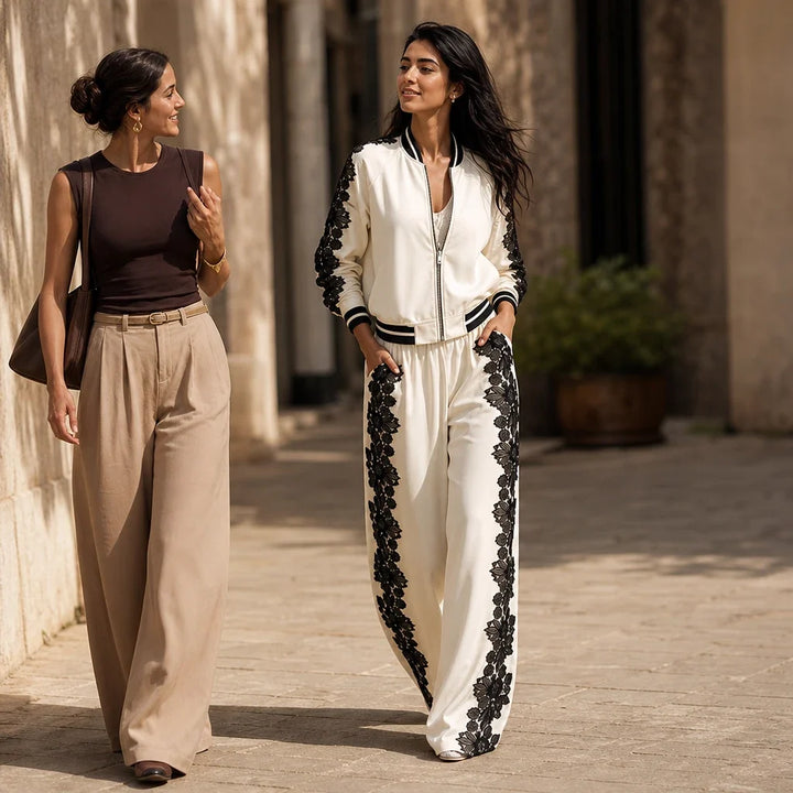 Lace & Leisure – Floral Lace Panel Track Jacket And Wide-Leg Pants Set