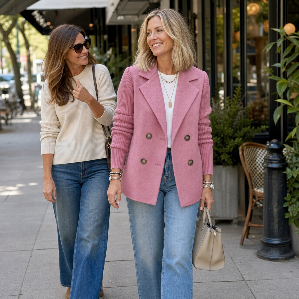 Wearbella – Knit-Sleeve Double-Breasted Blazer