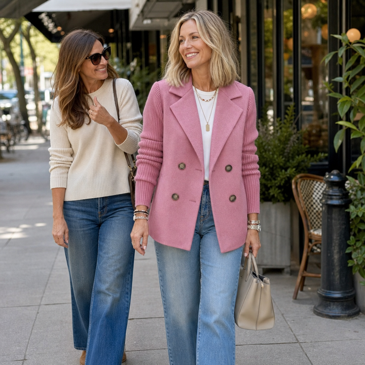 Wearbella – Knit-Sleeve Double-Breasted Blazer