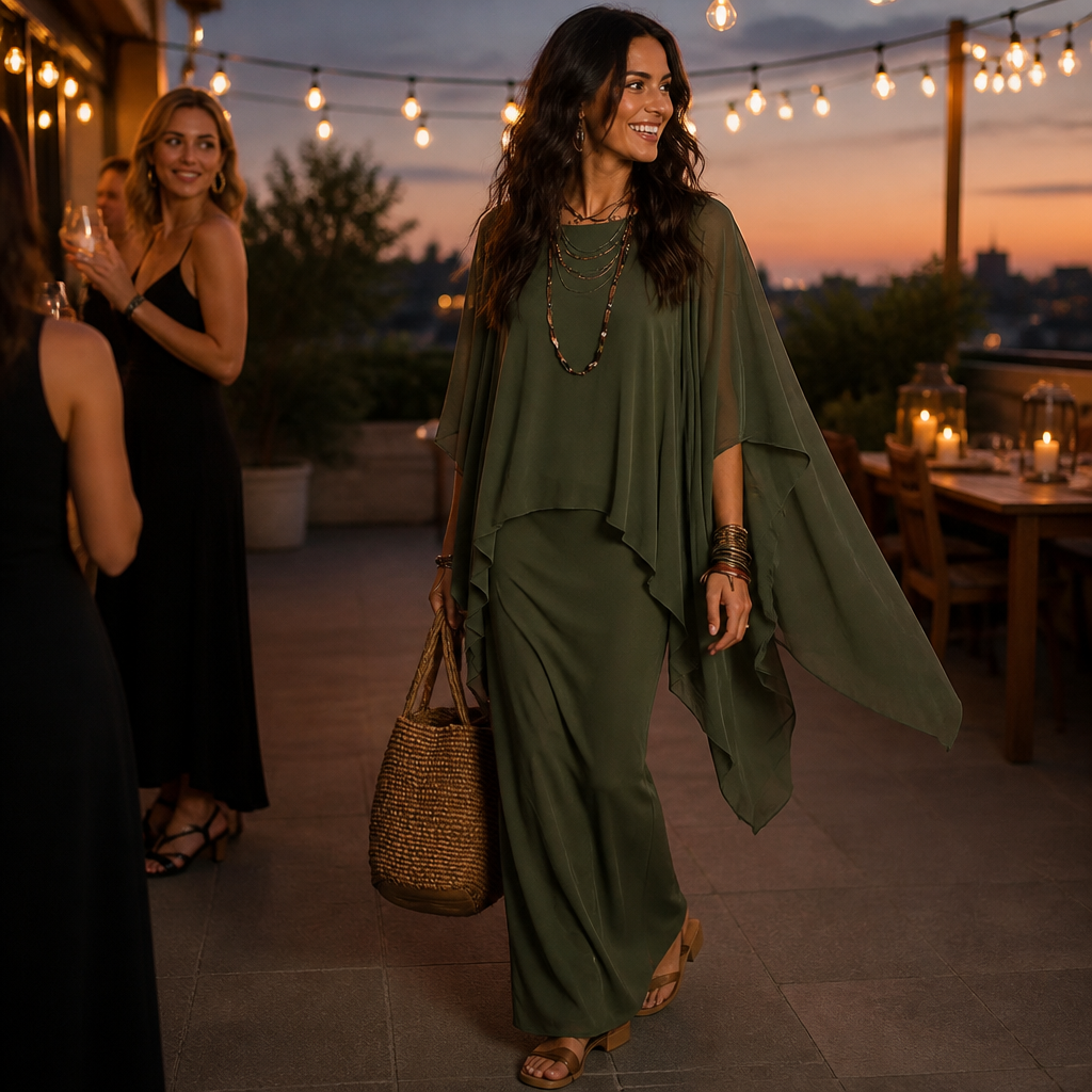 Draperie – Cape Sleeve Asymmetric Hem Maxi Dress