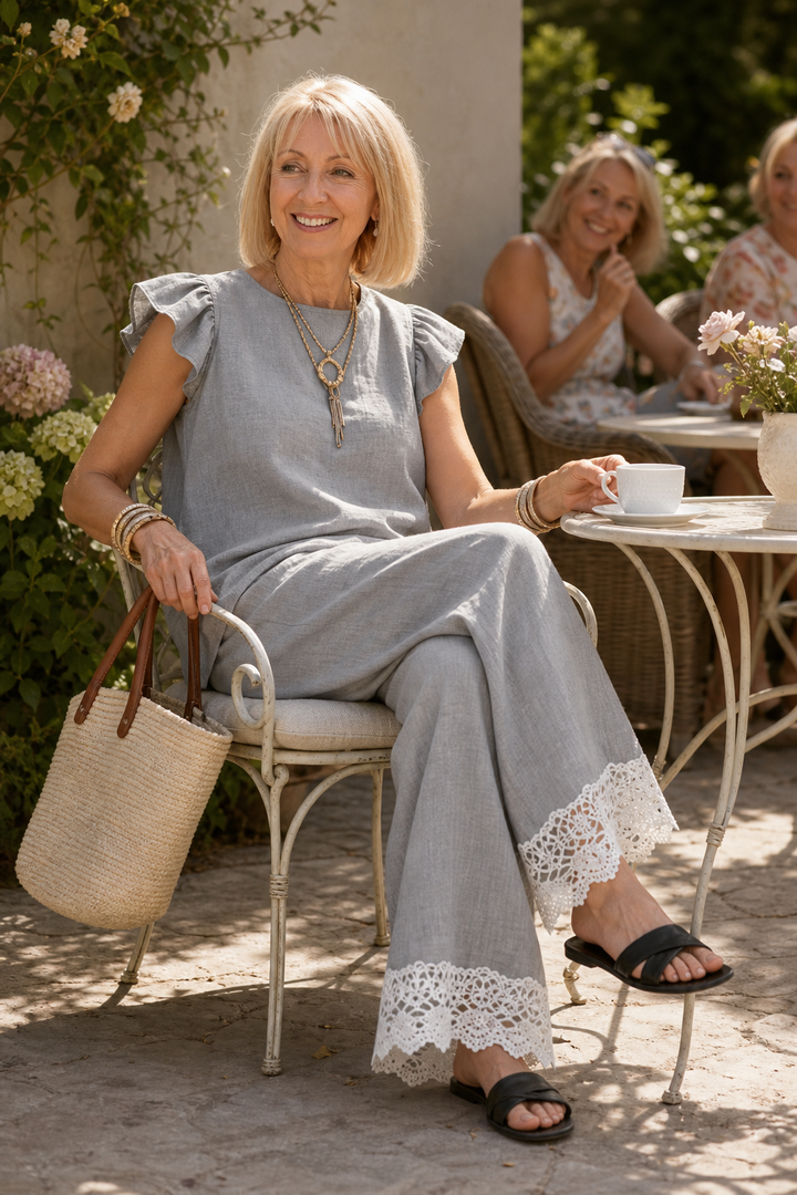 Linenza – Crochet-Hem Ruffle-Sleeve Two-Piece Set
