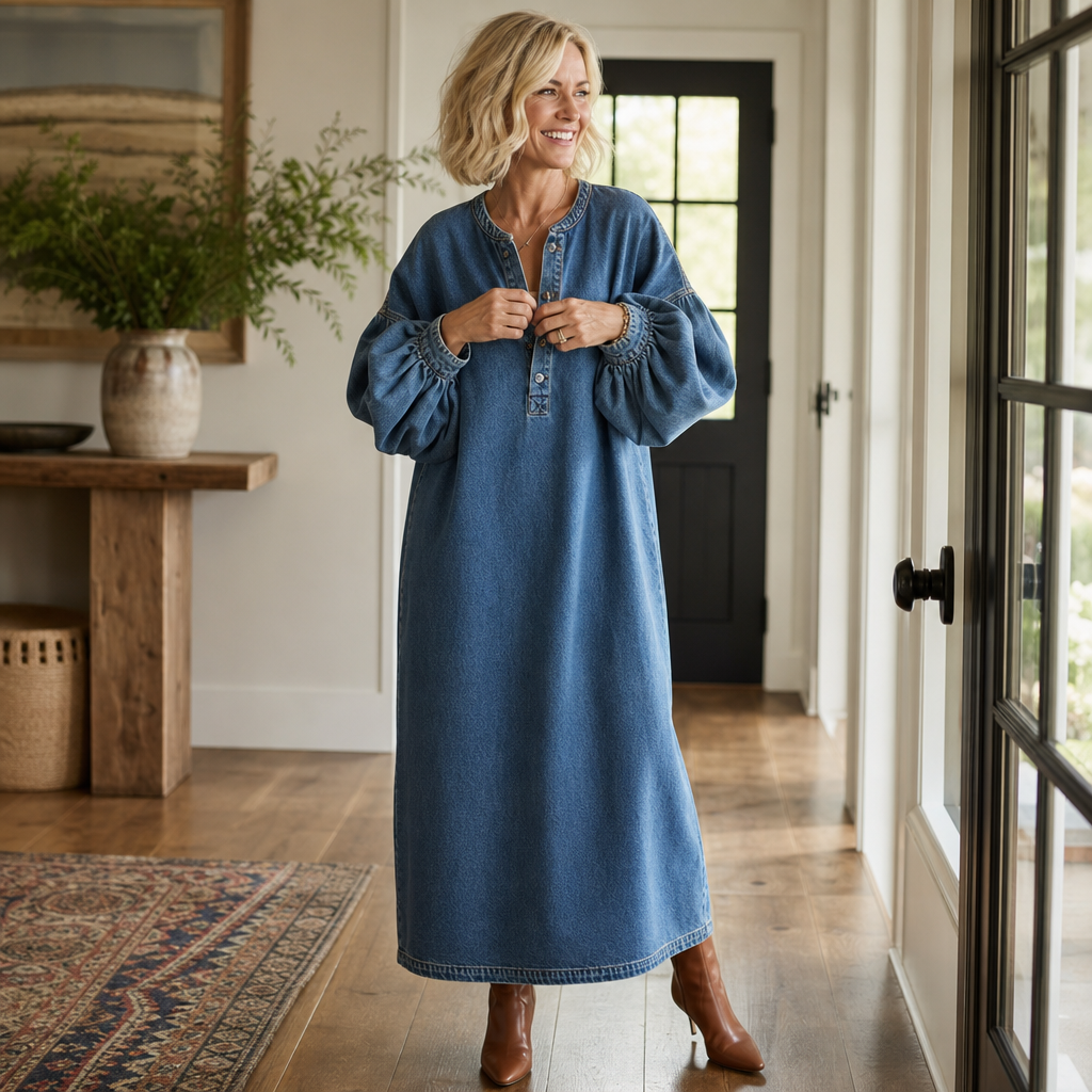 Denimelle – Long-Sleeve Denim-Look Maxi Dress