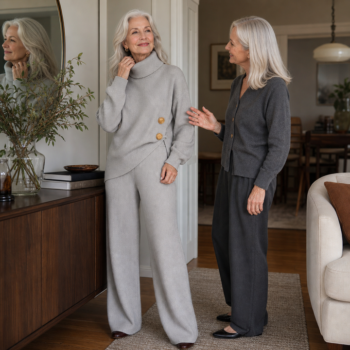 Wearbella – Asymmetric Button Hem Knit Turtleneck Set