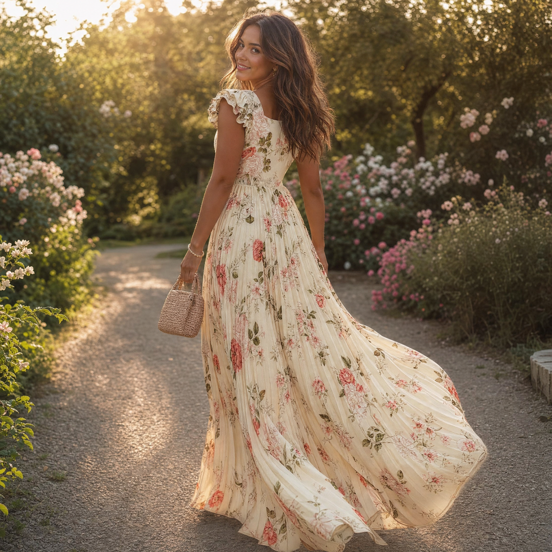 Florelle™ - Square-Neck Floral Pleated Maxi Dress