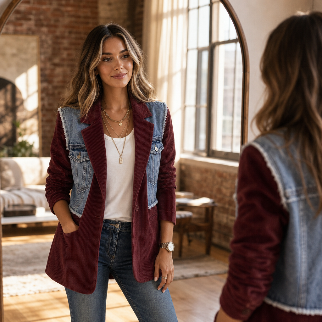 Corvella – Denim-Overlay Corduroy Raw-Hem Blazer