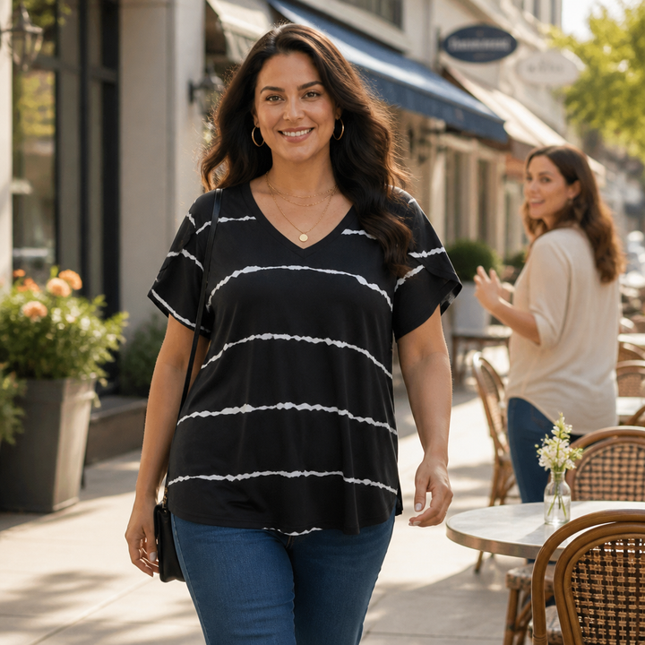 Curvella – Striped V-Neck Stretch Knit Tee