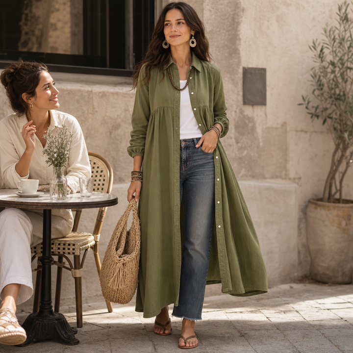 Linora – Button-Through Linen-Blend Maxi Shirt Dress