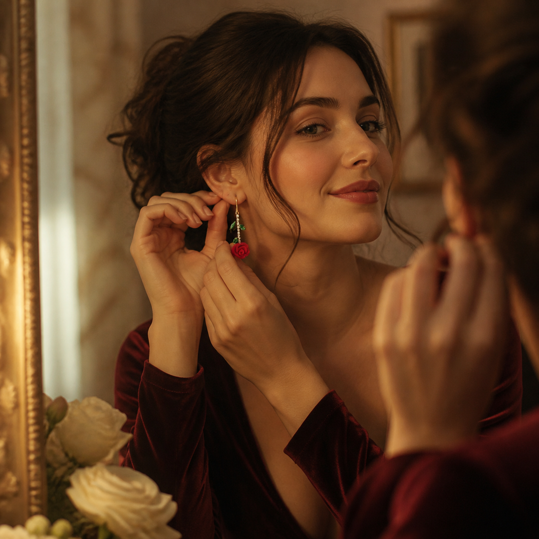 Roselyn™ – Romantic Rose and Emerald Earrings