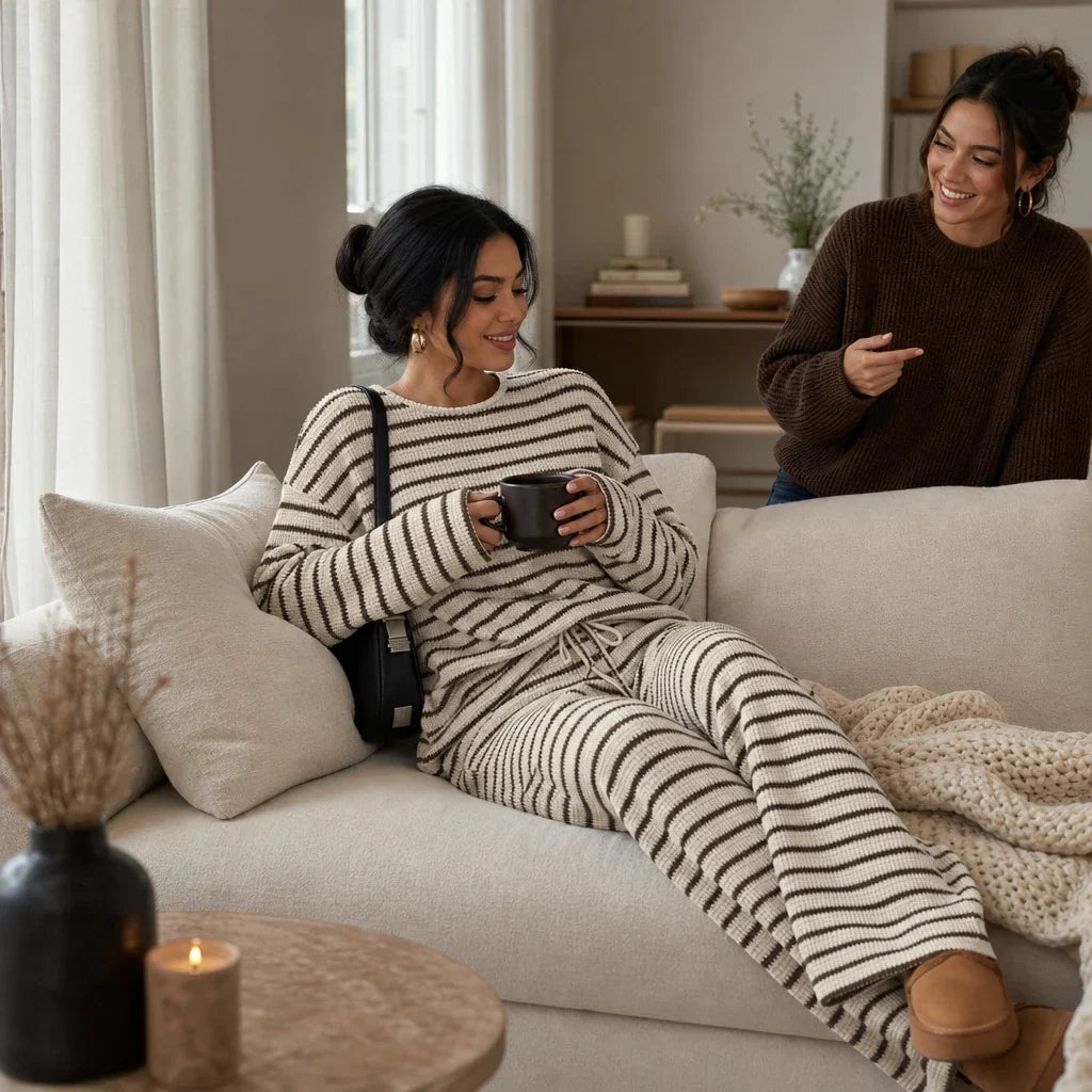 Stripe & Ease – Striped Long-Sleeve Top And Wide-Leg Pants Set