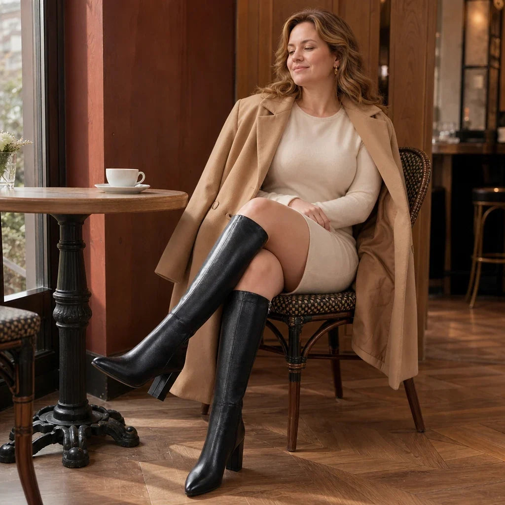 Elara – Pointed-Toe Chunky-Heel Knee-High Boots