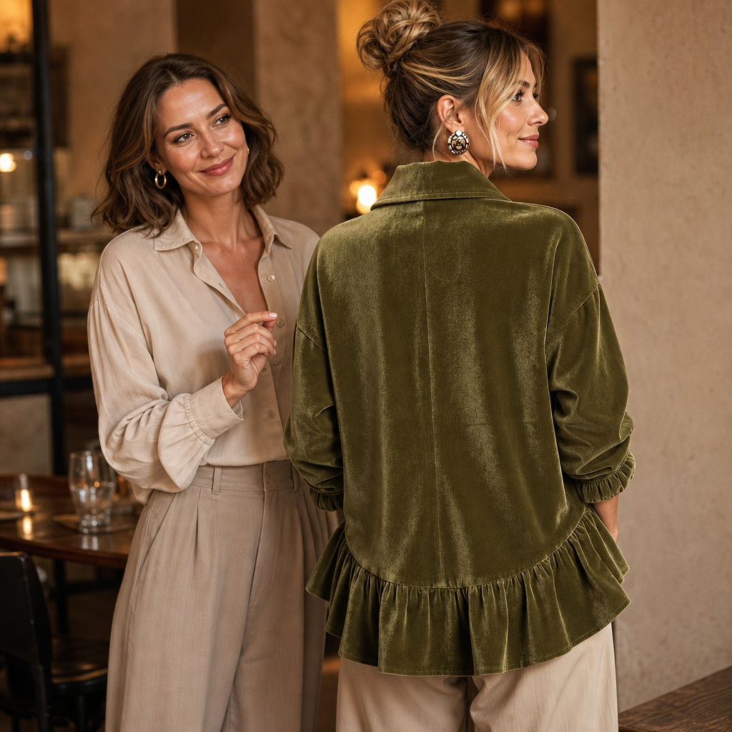 Velvetta – Asymmetric Button Cowl-Neck Peplum Top