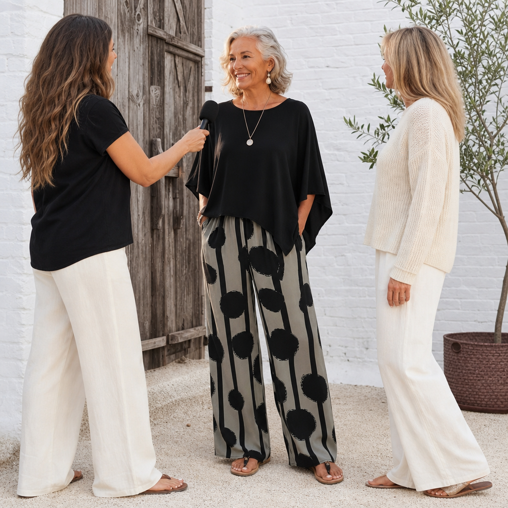 Lunetta – Asymmetric Poncho Top And Wide-Leg Pants Set