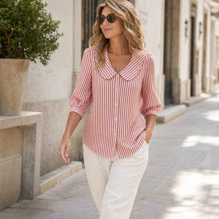 Solène™ Striped Sailor Collar Blouse with Puff Sleeves
