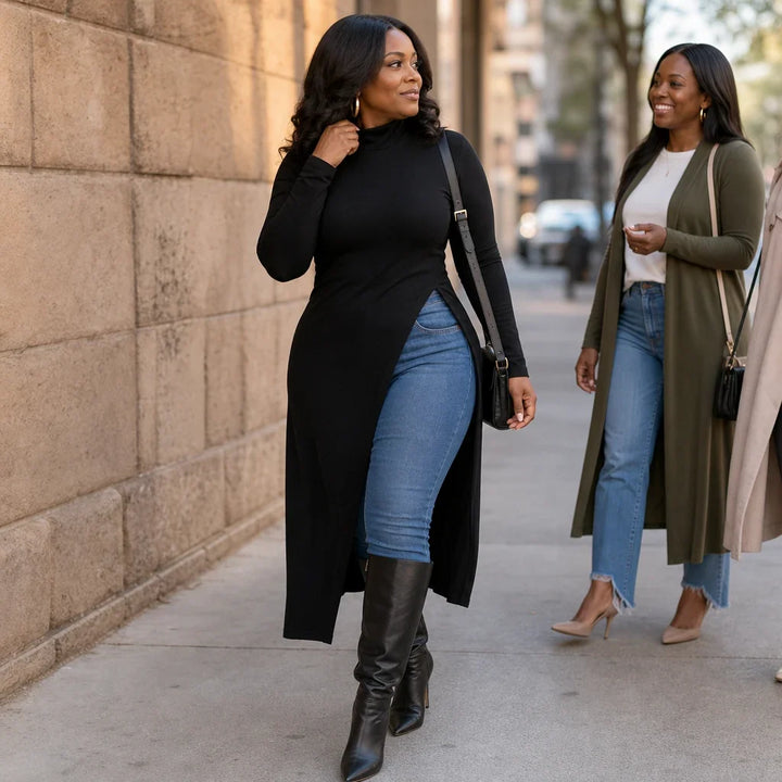 Wearbella – Asymmetric Hem Turtleneck Maxi Tunic