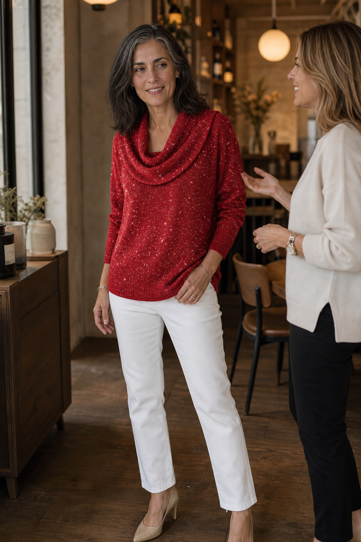 Sparkle – Shimmer Cowl-Neck Long Sleeve Top