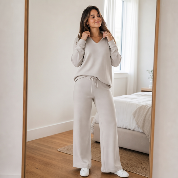 Softline – V-Neck Knit Top And Wide-Leg Pants Set
