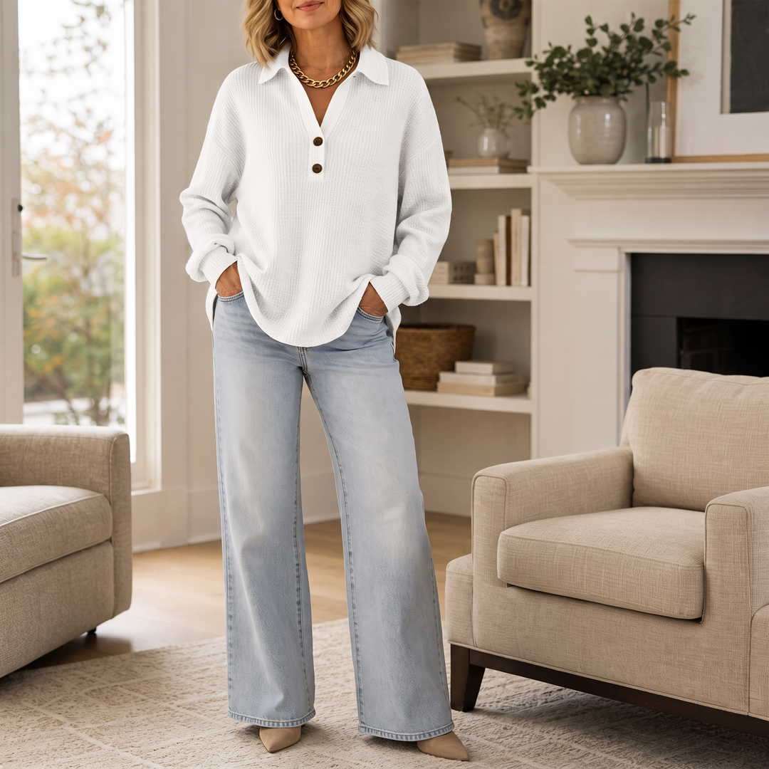 Wafelle – Waffle-Knit V-Neck Button Placket Top