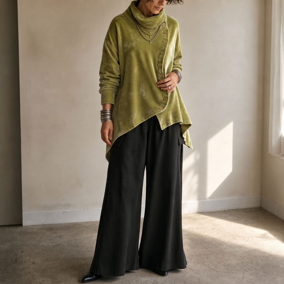 Velvara – Asymmetric Button Velvet Turtleneck Top