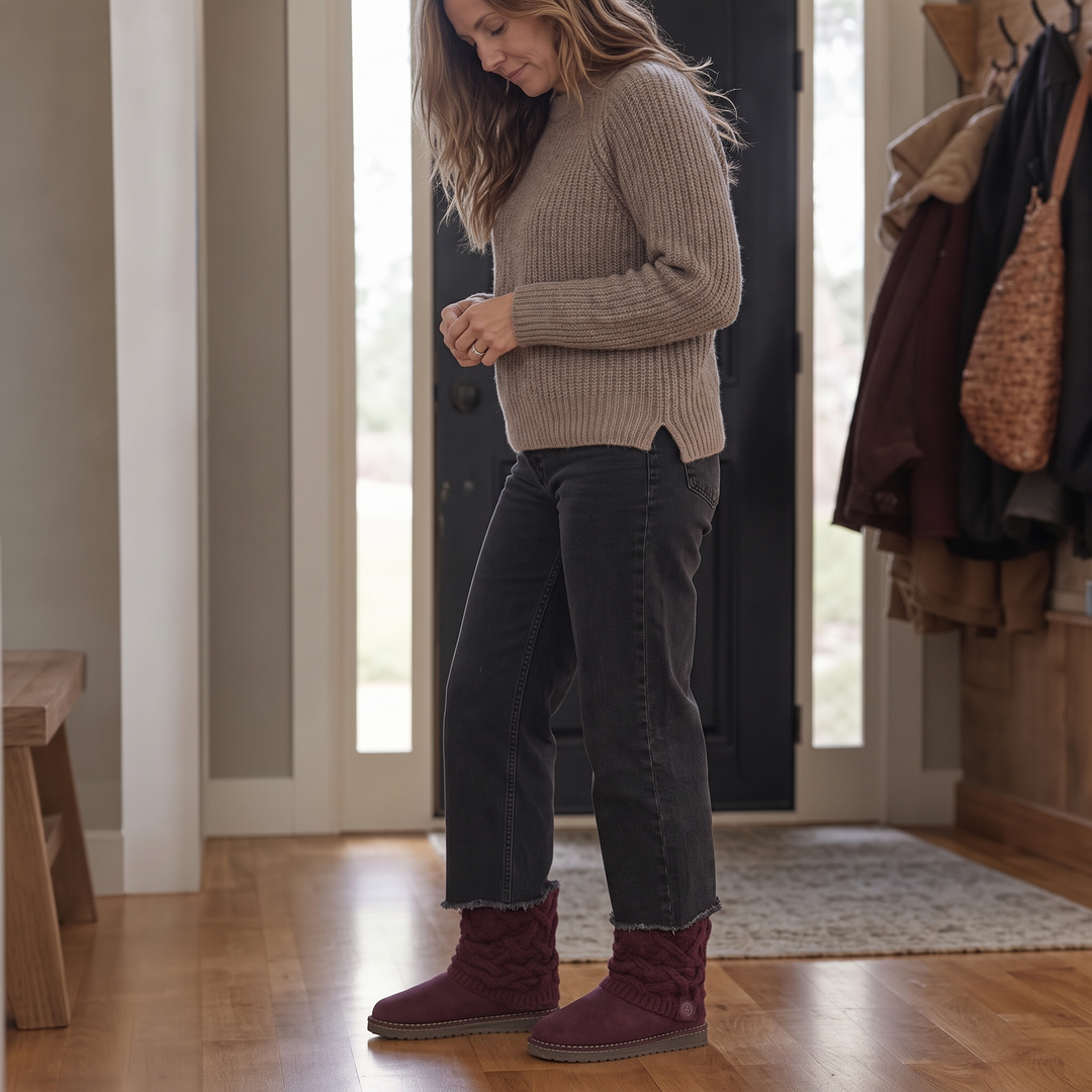 Coziva – Cable-Knit Cuffed Mid-Calf Suede Boots
