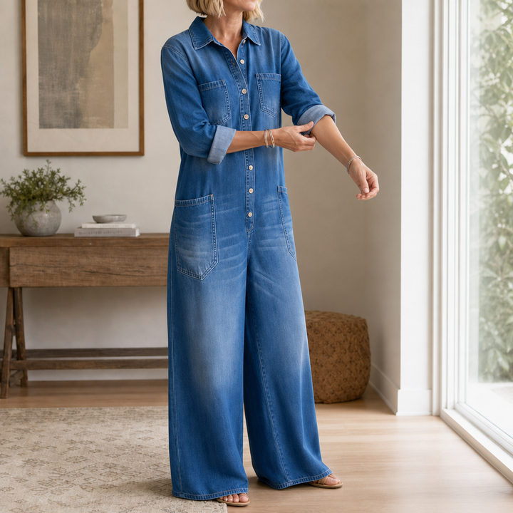 Everleigh – Wide-Leg Button-Front Denim Jumpsuit