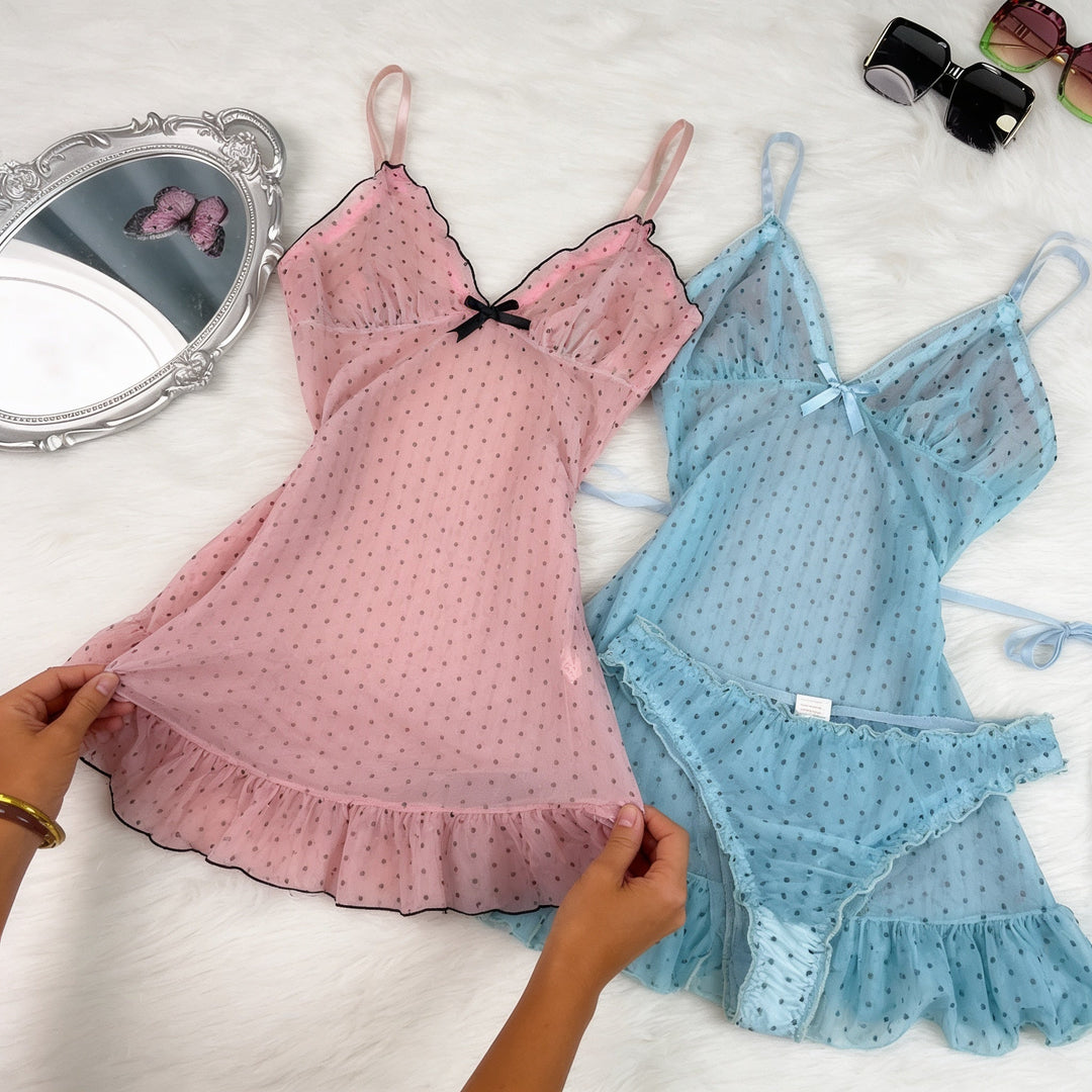 Dottessa – Polka Dot Sheer Suspender Nightdress Set