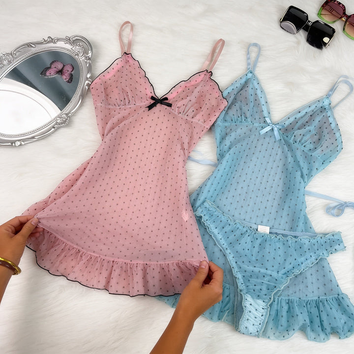 Dottessa – Polka Dot Sheer Suspender Nightdress Set