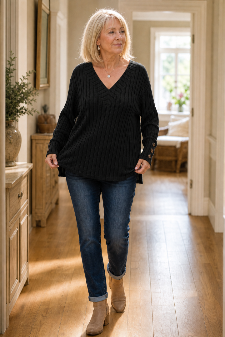 Mavenly – Ribbed V-Neck Button-Cuff Sweater
