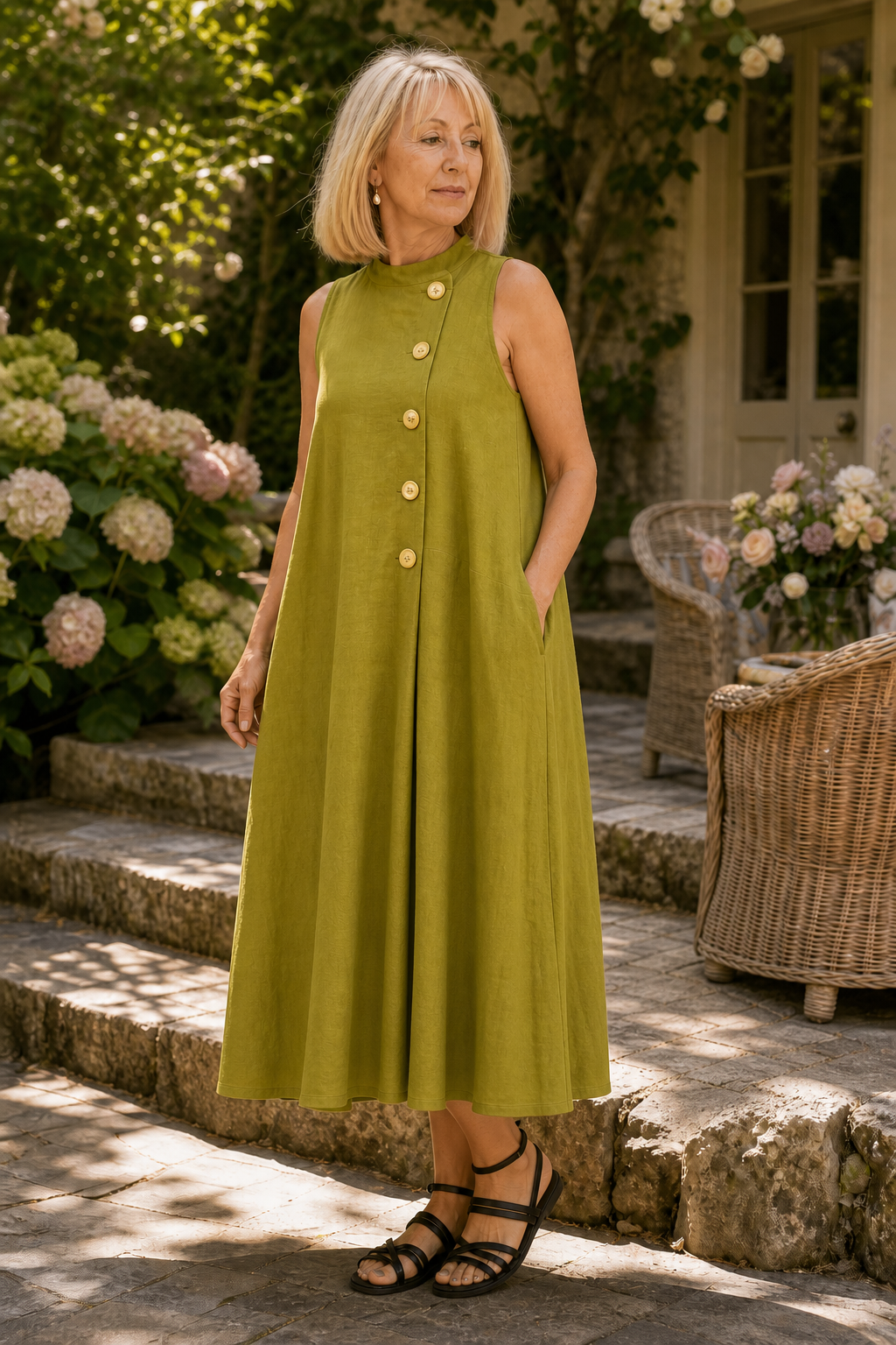 Sunvela – Full-Placket Button-Front Sleeveless Maxi Dress