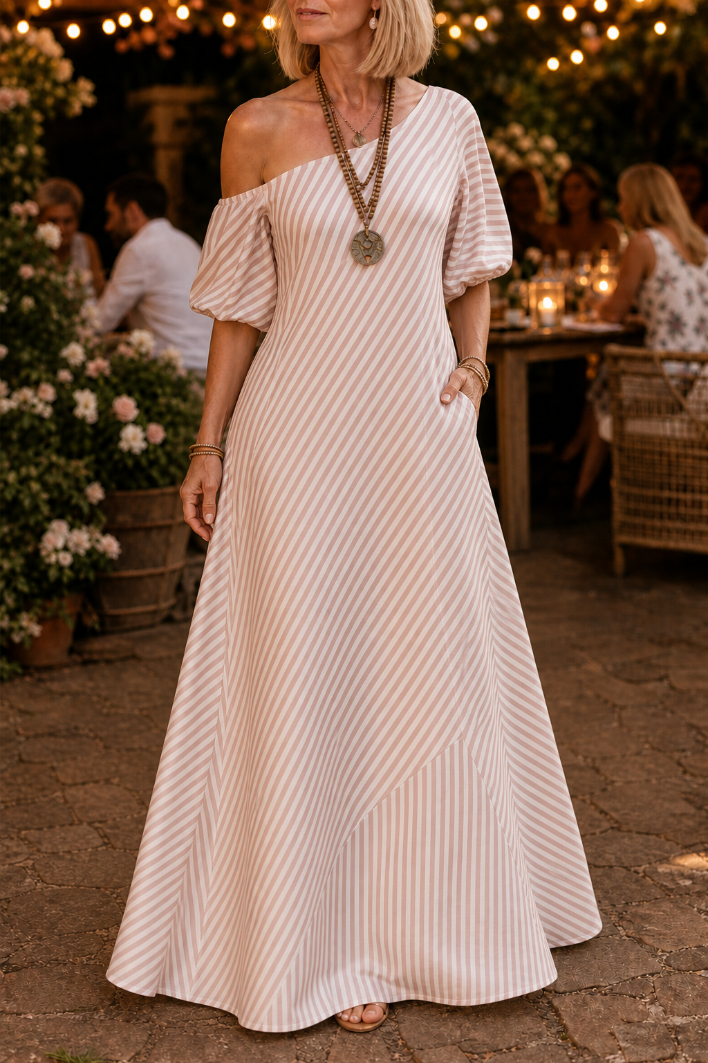Onestrand – Striped One-Shoulder Puff Sleeve Maxi Dress