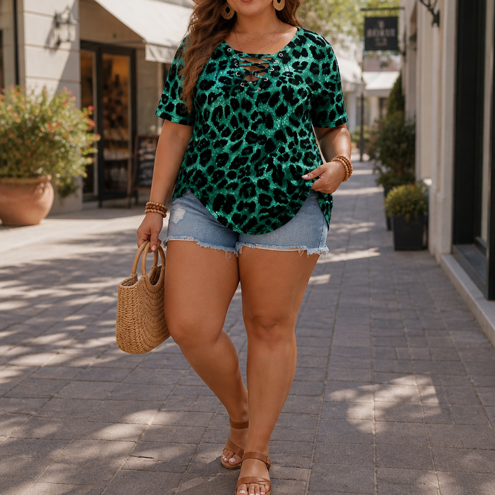 Wearlyn – Leopard Print Lace-Up V-Neck Loose Top