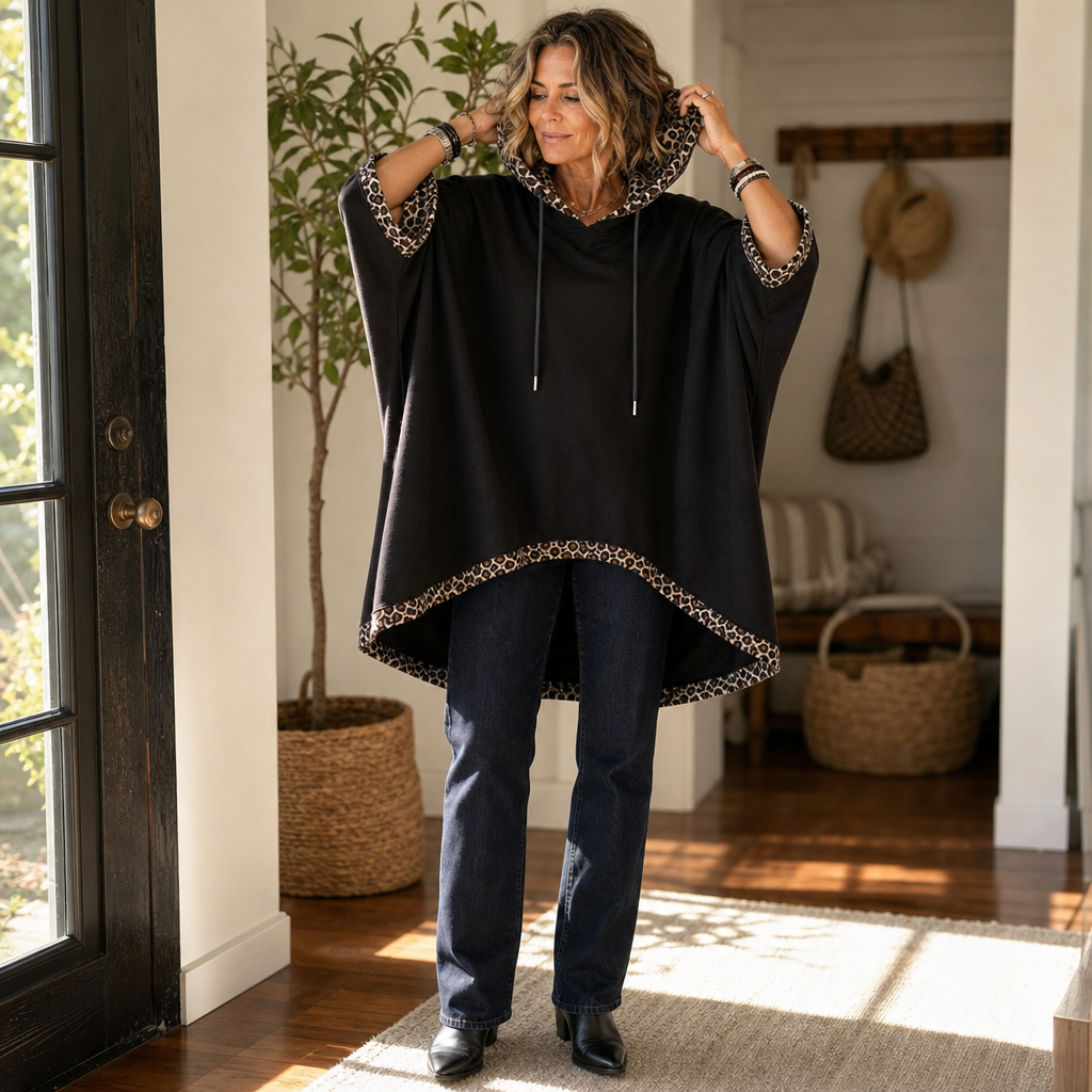 Wildelle – Leopard Trim Wide Sleeve Off-Shoulder Hoodie