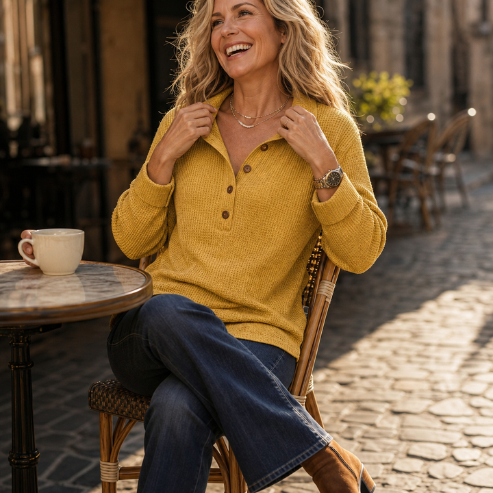 Wovella – Waffle-Knit Button Henley Top