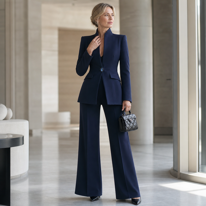 Wearbella – Stand Collar Peplum Blazer And Flare Pant Set